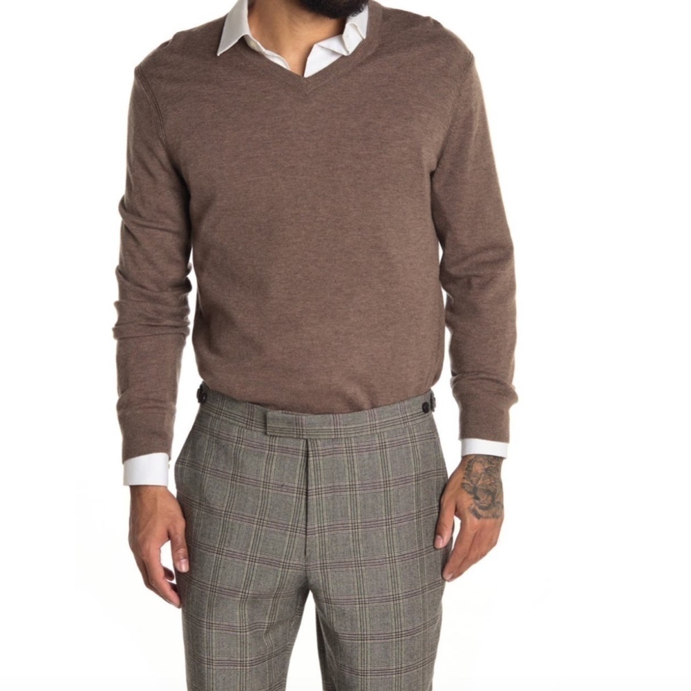 Theory Riland V Neck Nutmeg Wool Blend Sweater